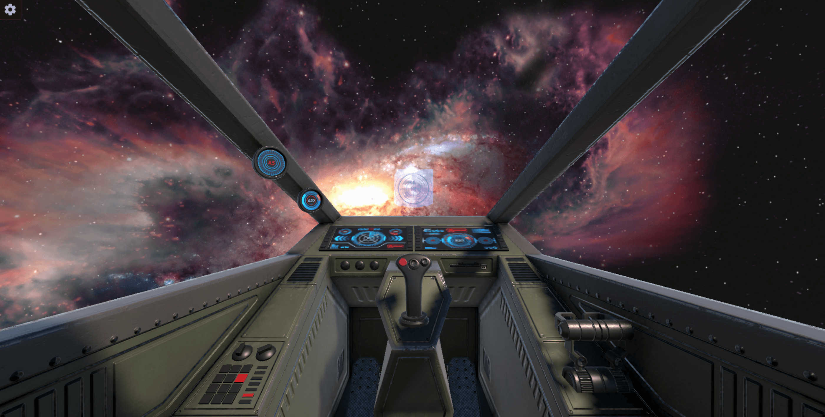 First-person cockpit view from inside the spaceship