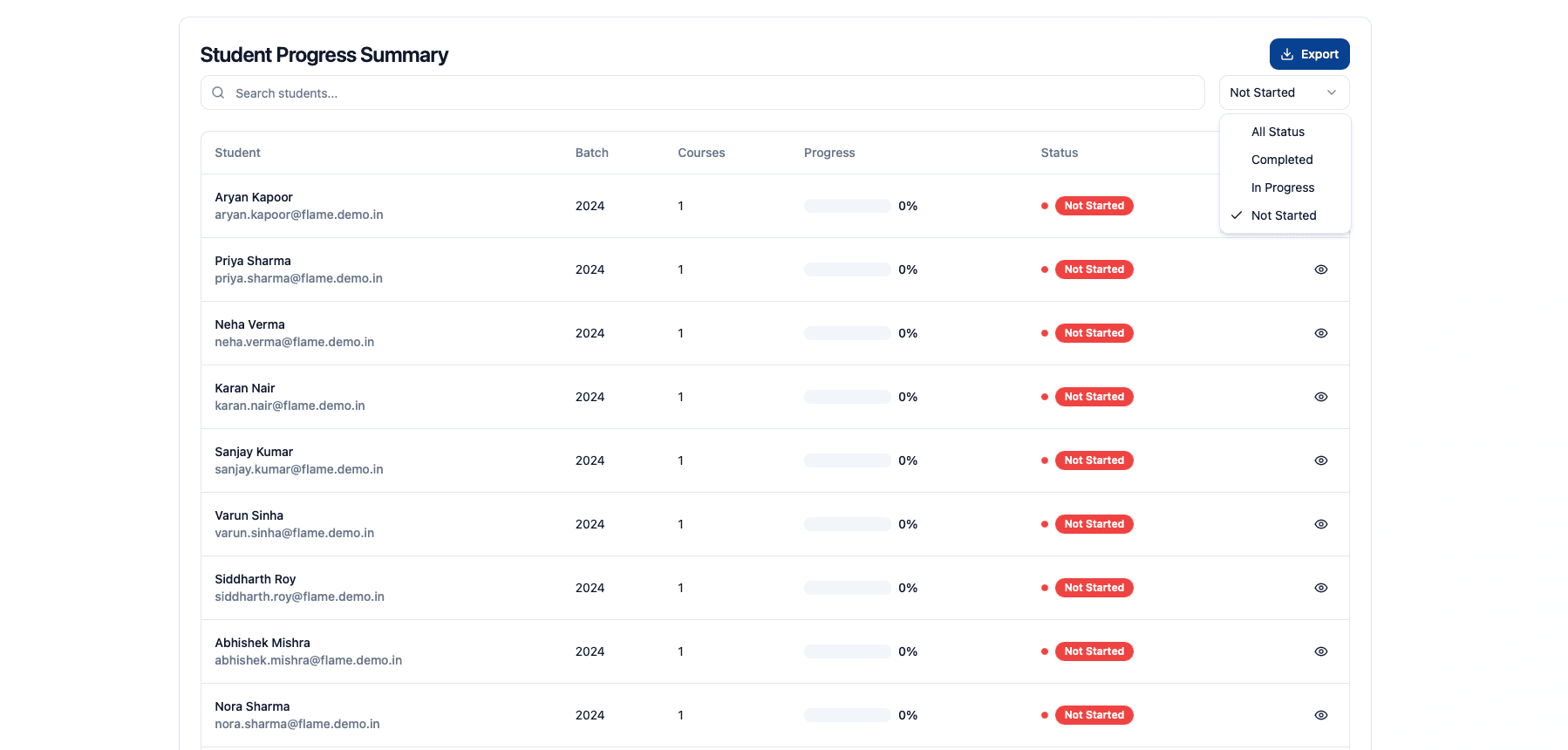 Filtering interface in the dashboard