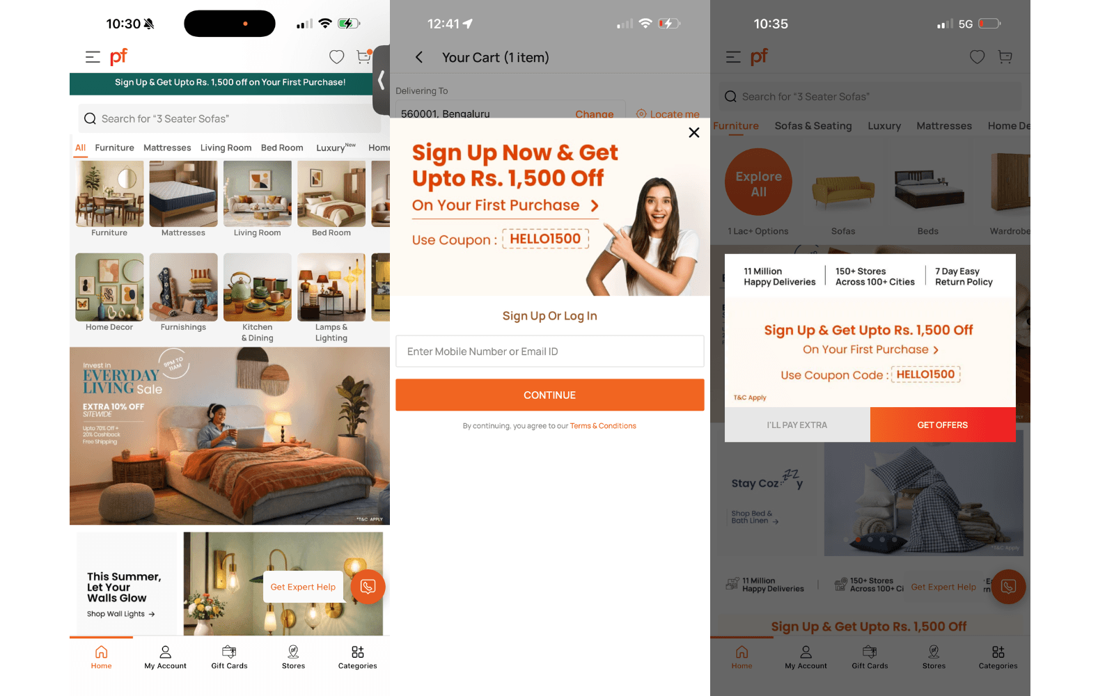 Grid showing screenshots of multiple heuristic violations across the Pepperfry app