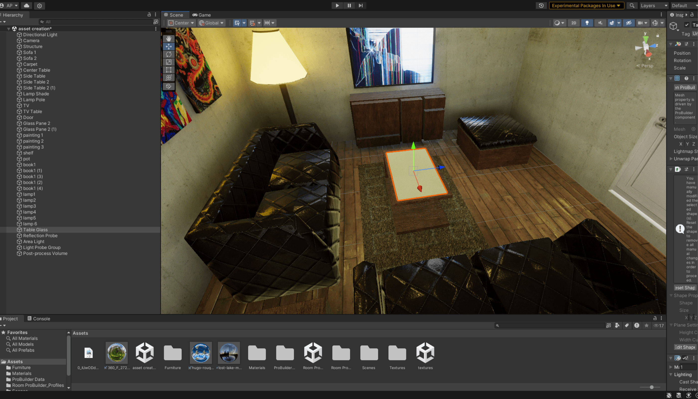Editor view of the Unity room scene