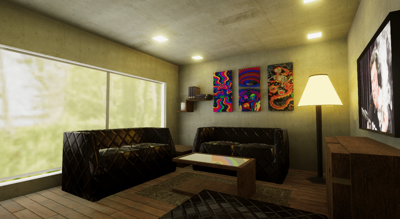 Wide first-person view of the finished Unity room