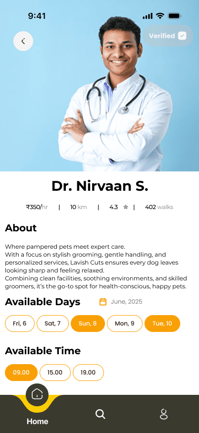 Doctor / vet profile screen
